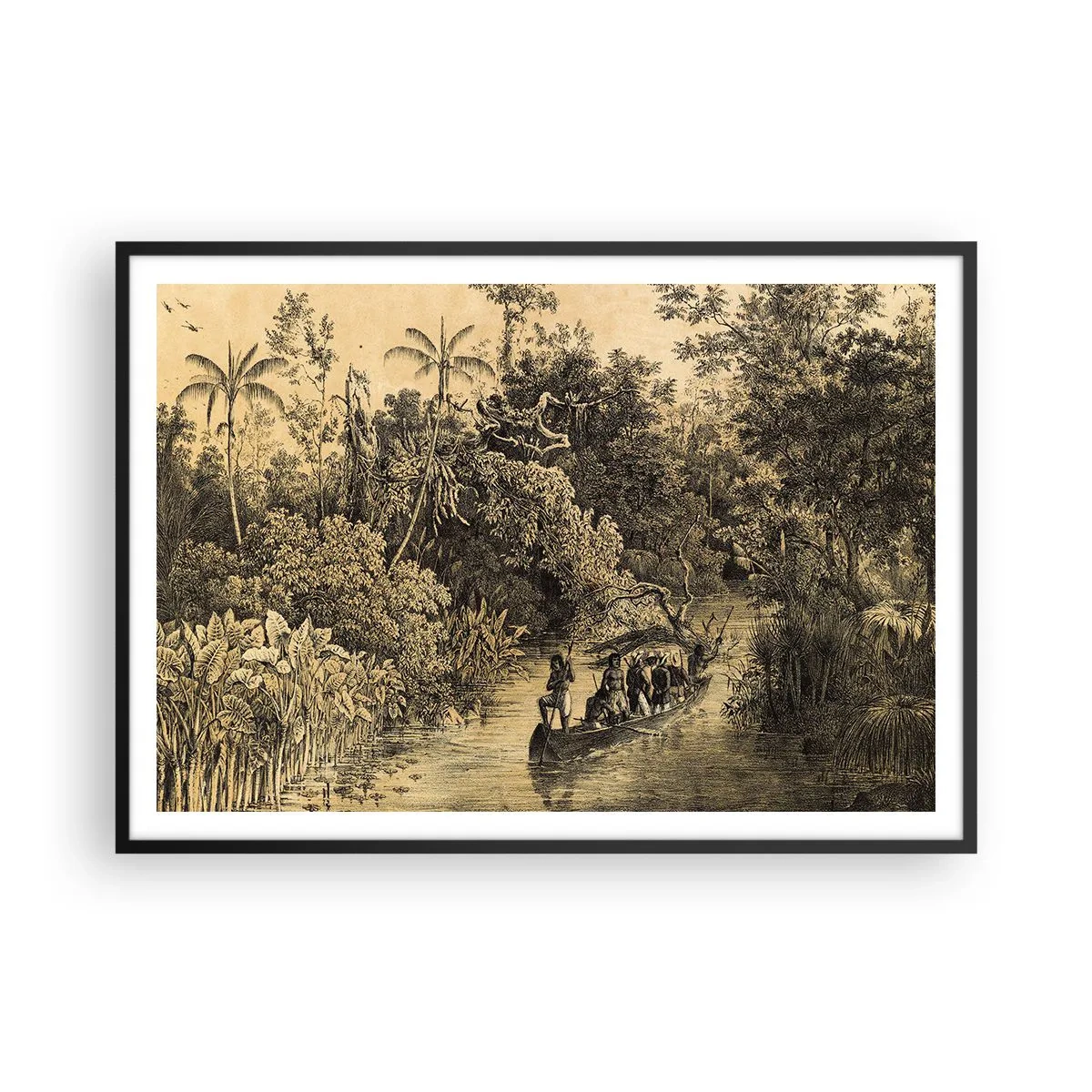 Plakat w czarnej ramie - Rysunek dżungli z łodzią na rzece - 100x70cm - Wyprawa do źródła - Nowoczesna dekoracja ścienna do salonu i sypialni ARTTOR