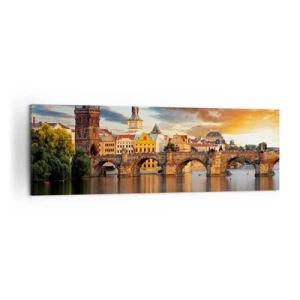 Obraz na płótnie - Zabytkowy most nad rzeką w świetle zachodzącego słońca - 160x50cm - Piękna od wieków - Nowoczesna dekoracja ścienna do salonu i sypialni ARTTOR