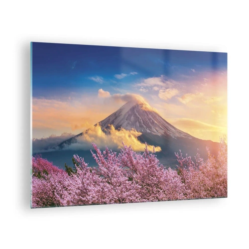 Obraz na szkle - Wulkan Fuji w tle z kwitnącymi drzewami sakury na pierwszym planie - 70x50cm - Japońska świętość - Nowoczesna dekoracja ścienna do salonu i sypialni ARTTOR