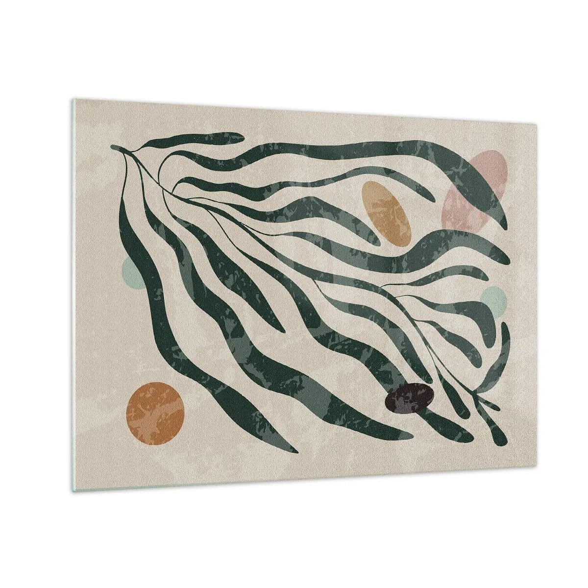 Obraz na szkle - Organiczne kształty w zieleni na beżowym tle - 70x50cm - Pośród zieleni - Nowoczesna dekoracja ścienna do salonu i sypialni ARTTOR