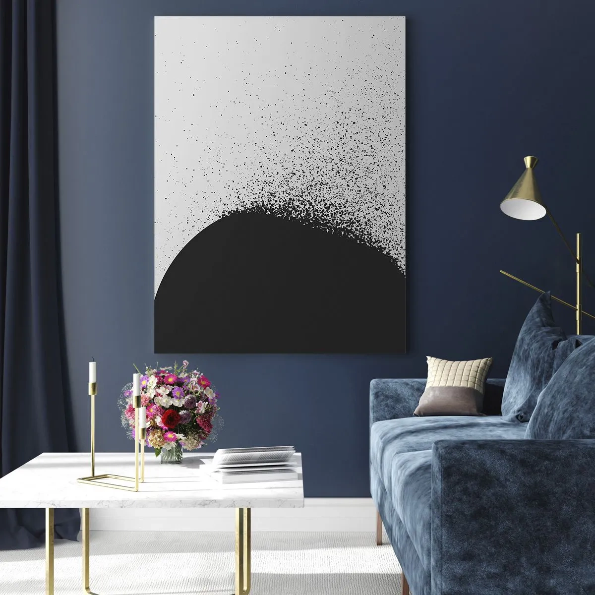 Obraz na szkle - Abstrakcja czarnej masy rozpadającej się na białym tle - 50x70cm - Ruch cząsteczek - Nowoczesna dekoracja ścienna do salonu, kuchni i sypialni ARTTOR