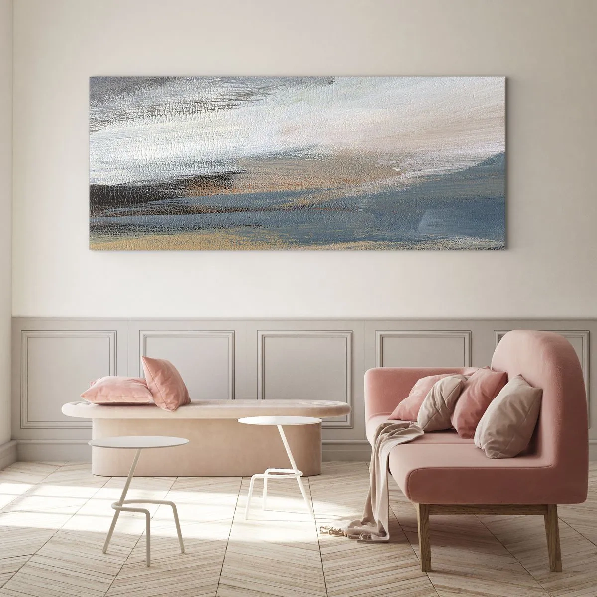 Obraz na szkle - Pejzaż abstrakcyjny w stonowanych odcieniach błękitu i beżu - 120x50cm - Abstrakcja: pejzaż północny - Nowoczesna dekoracja ścienna do salonu i sypialni ARTTOR