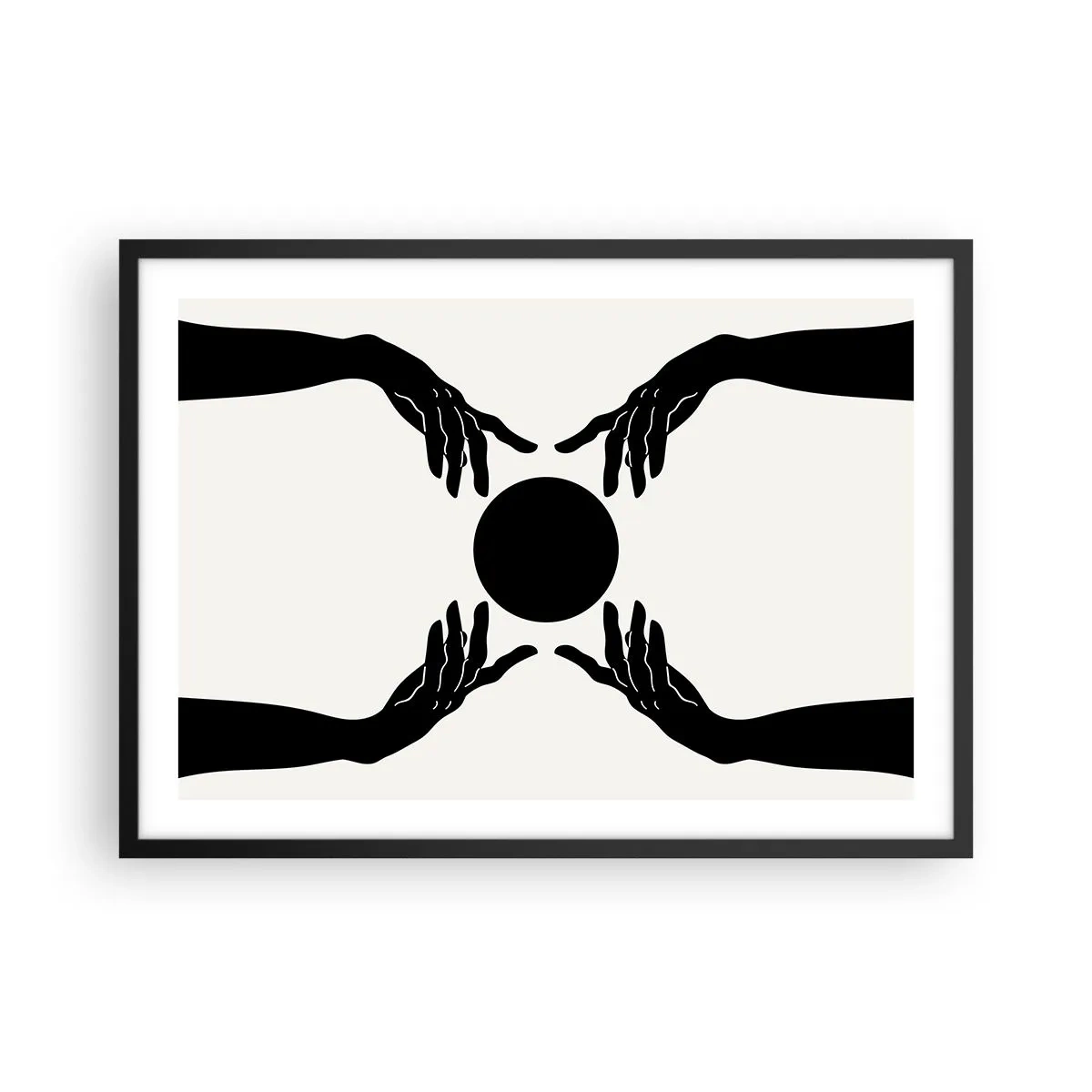 Plakat w czarnej ramie - Czarne dłonie w symetrycznej kompozycji z kulą - 70x50cm - Tajemny znak - Nowoczesna dekoracja ścienna do salonu i sypialni ARTTOR