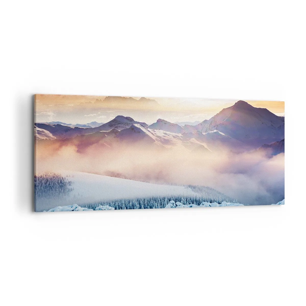 Obraz na płótnie - Zaśnieżone góry o świcie z kolorowym niebem - 120x50cm - Siła i czystość natury - Nowoczesna dekoracja ścienna do salonu i sypialni ARTTOR