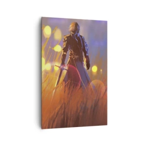 Obraz na płótnie - Postać rycerza w świetle zachodzącego słońca w polu - 80x120cm - Błędny rycerz - Nowoczesna dekoracja ścienna do salonu i sypialni ARTTOR