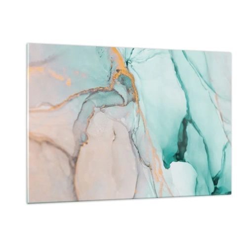 Obraz na szkle - Abstrakcyjna kompozycja w odcieniach turkusu i złota - 120x80cm - Taniec kształtów i barw - Nowoczesna dekoracja ścienna do salonu, kuchni i sypialni ARTTOR