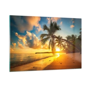 Obraz na szkle - Tropikalna plaża z palmami o zachodzie słońca - 120x80cm - Karaibskie marzenie - Nowoczesna dekoracja ścienna do salonu, kuchni i sypialni ARTTOR