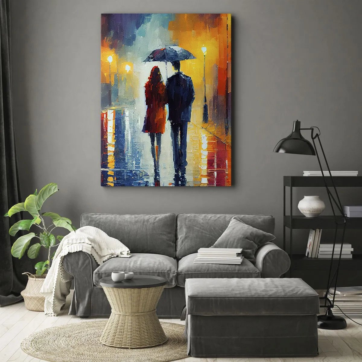Obraz na płótnie - Para z parasolem spacerująca w deszczu w kolorowej scenerii - 50x70cm - Razem – kolorowa noc - Nowoczesna dekoracja ścienna do salonu, kuchni i sypialni ARTTOR