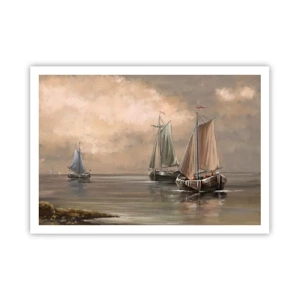 Plakat - Żaglówki na spokojnym morzu w pastelowej scenerii - 100x70cm - Powrót żeglarzy - Nowoczesna dekoracja ścienna do salonu i sypialni ARTTOR