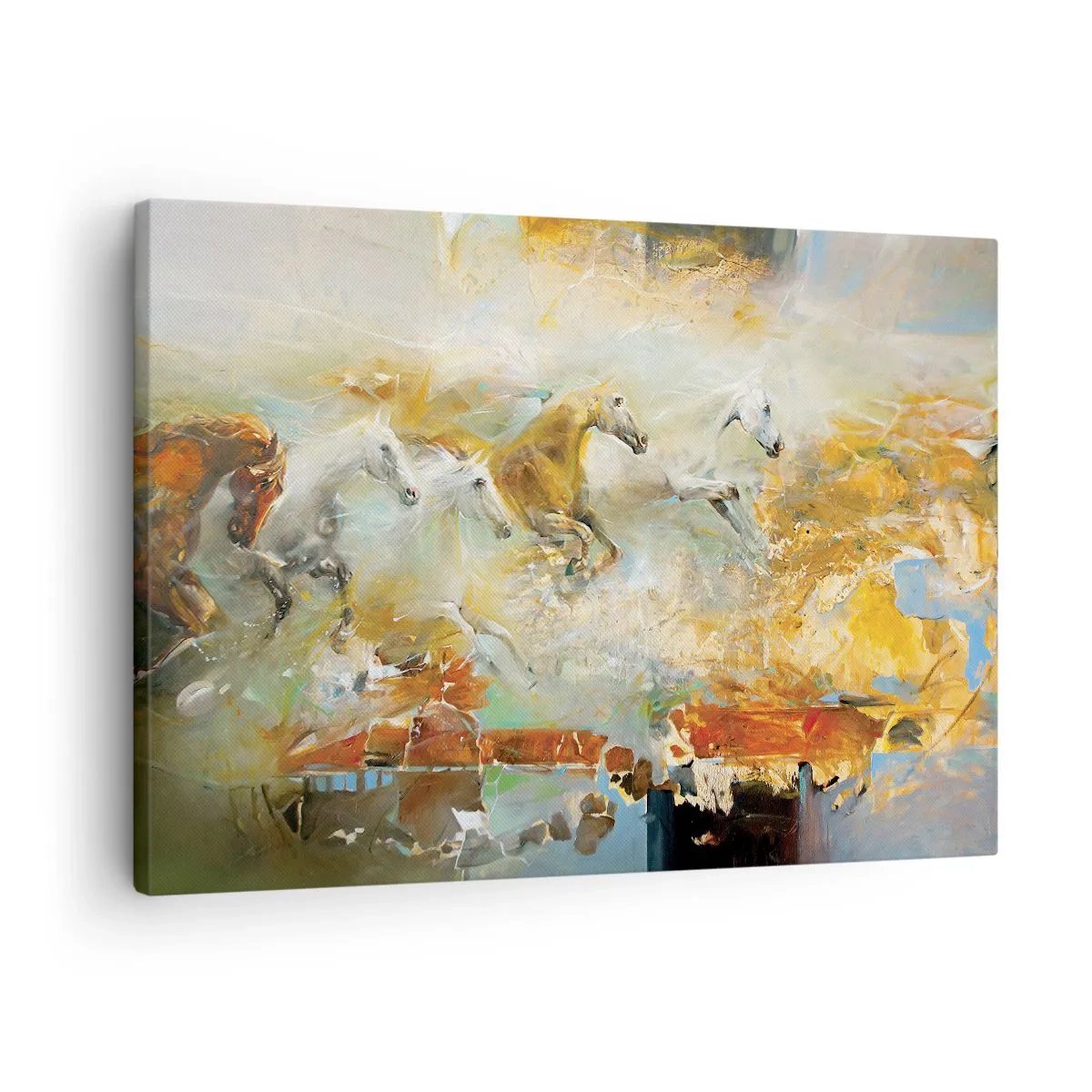 Obraz na płótnie - Artystyczne konie w dynamicznej scenerii pełnej kolorów - 70x50cm - Galopem przez światło - Nowoczesna dekoracja ścienna do salonu i sypialni ARTTOR