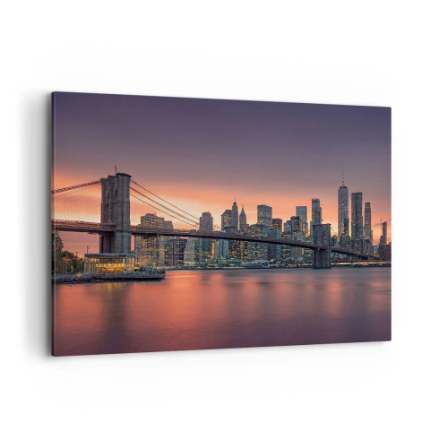 Obraz na płótnie - Nocna panorama miasta z mostem i podświetlonym niebem - 120x80cm - Zatopione w  liliowej ciszy - Nowoczesna dekoracja ścienna do salonu, kuchni i sypialni ARTTOR