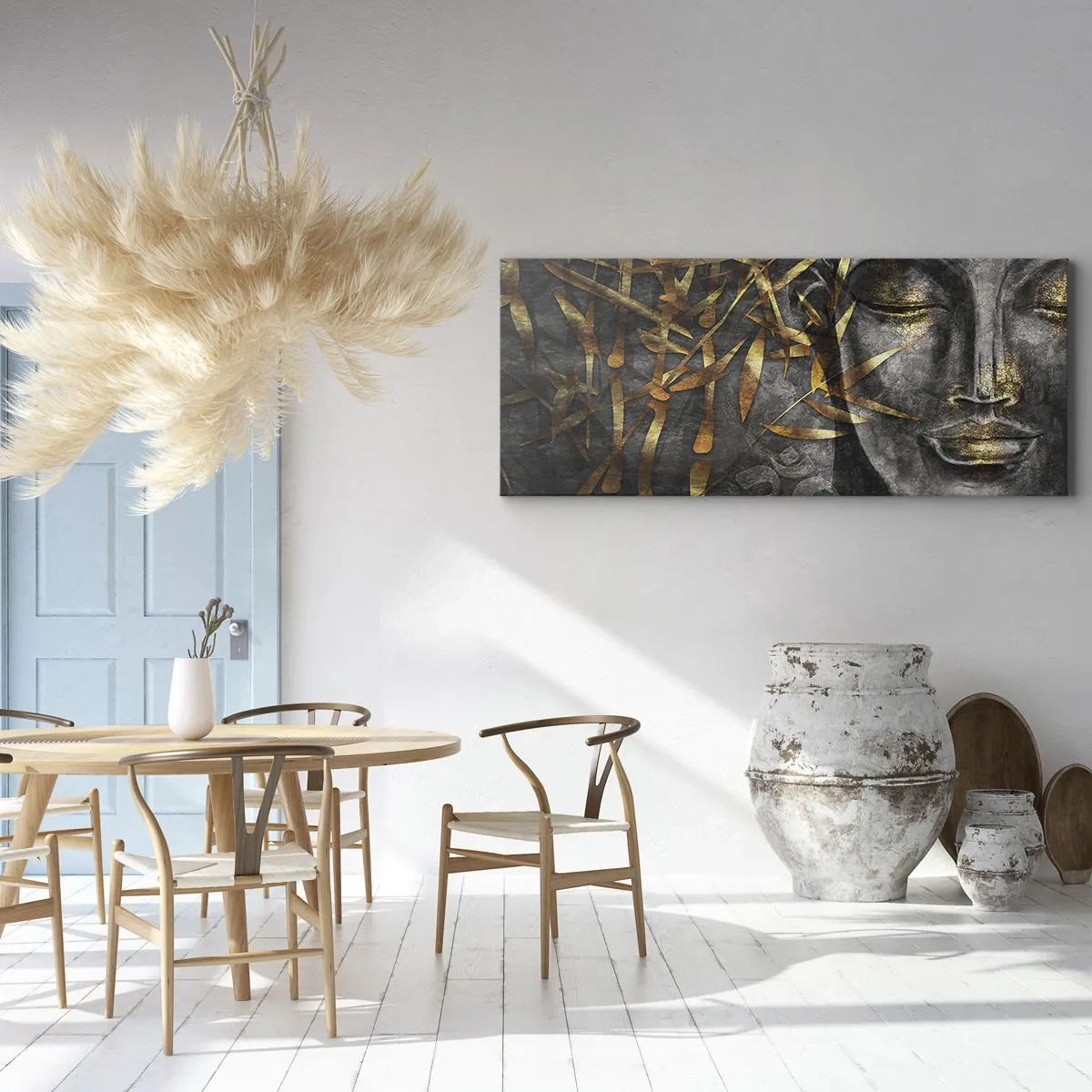 Obraz na płótnie - Zen wizerunek Buddy z złotymi bambusami - 160x50cm - Poczuj spokój - Nowoczesna dekoracja ścienna do salonu i sypialni ARTTOR