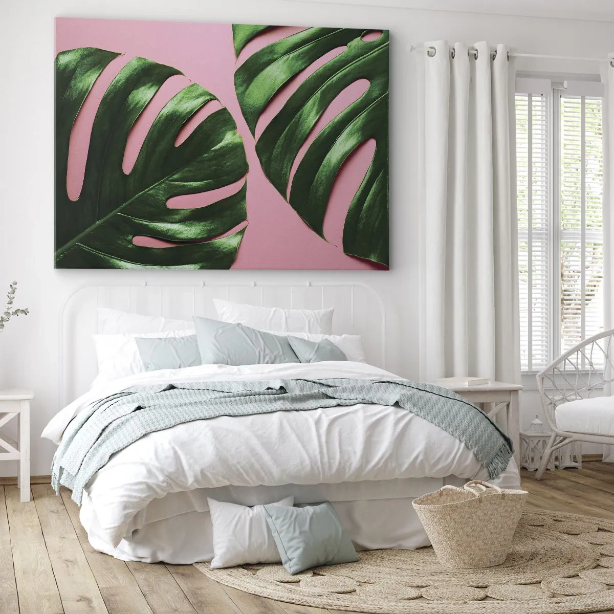 Obraz na płótnie - Zielone liście monstery na różowym tle - 70x50cm - Zielone rendez-vous - Nowoczesna dekoracja ścienna do salonu i sypialni ARTTOR