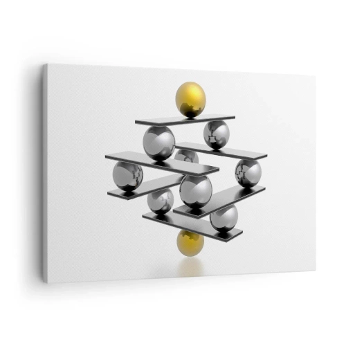 Obraz na płótnie - Geometryczna kompozycja z metalowymi kulami i złotym akcentem - 70x50cm - Złoto-srebrna równowaga - Nowoczesna dekoracja ścienna do salonu i sypialni ARTTOR