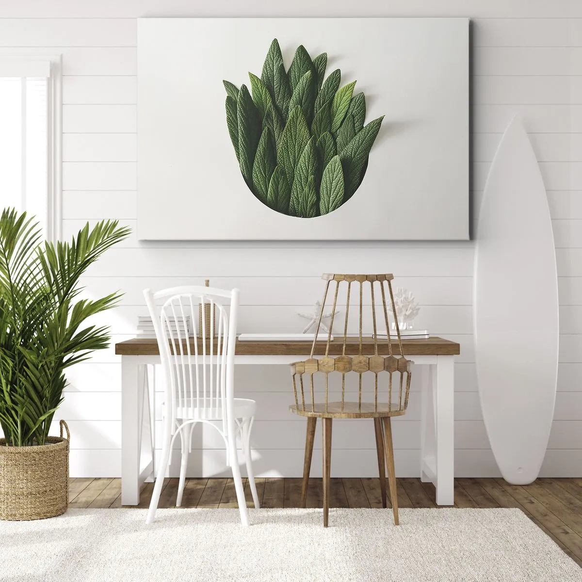 Obraz na płótnie - Kompozycja zielonych liści na jasnym tle - 70x50cm - Nieposkromiona ciekawość - Nowoczesna dekoracja ścienna do salonu i sypialni ARTTOR