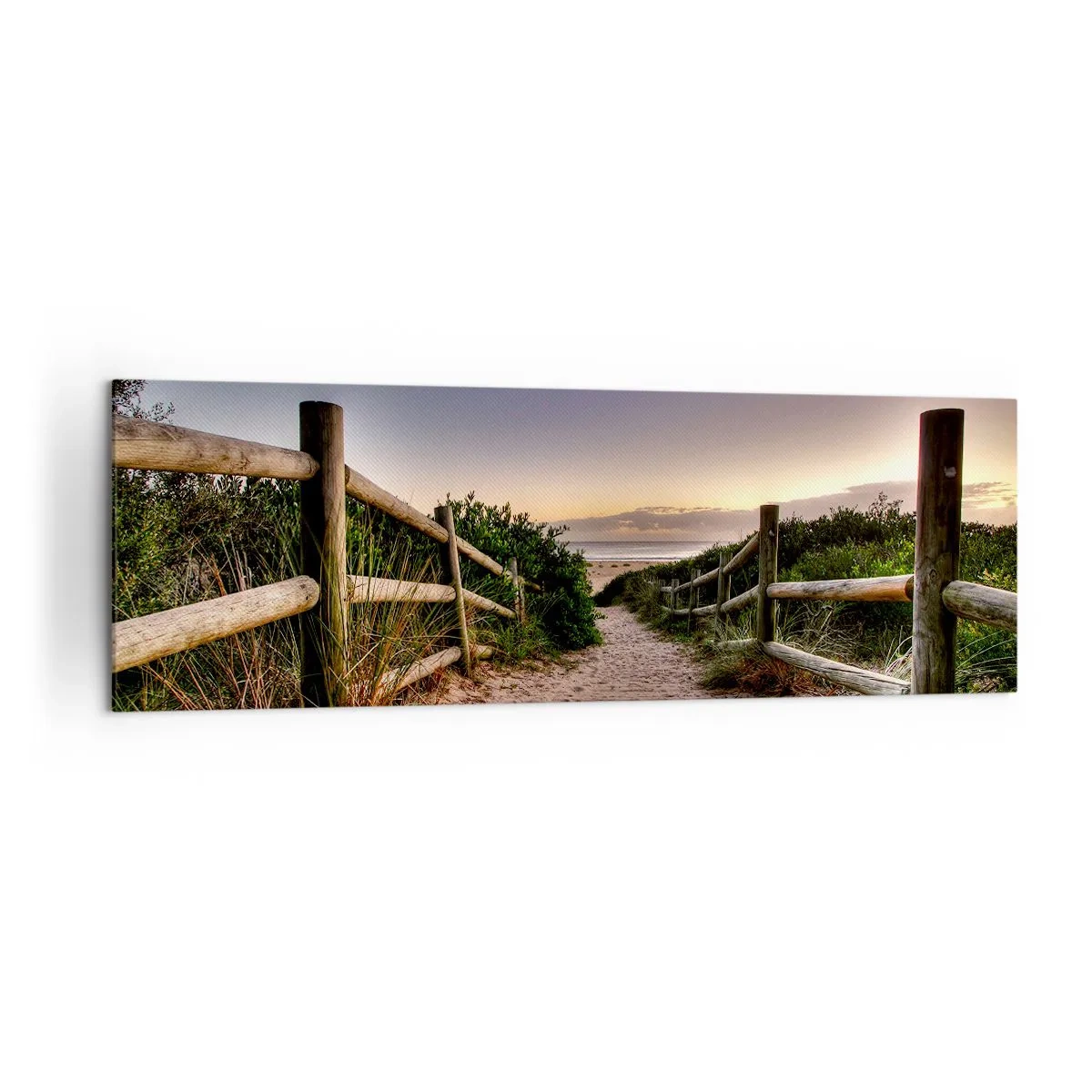 Obraz na płótnie - Drewniana ścieżka na wydmach prowadząca na plażę o zachodzie słońca - 160x50cm - Już widać cel - Nowoczesna dekoracja ścienna do salonu i sypialni ARTTOR