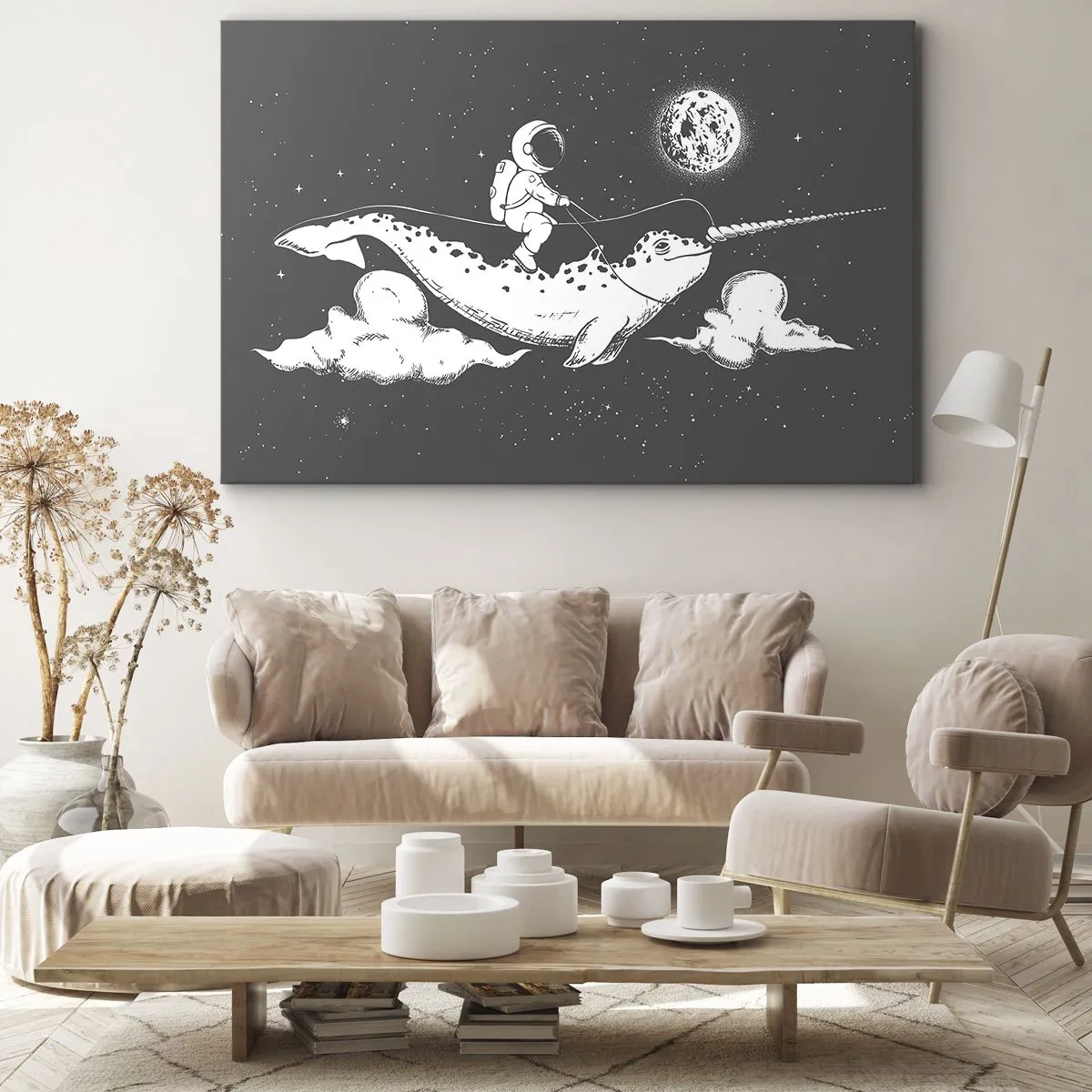 Obraz na płótnie - Astronauta na grzbiecie narwala unoszącego się w kosmicznej scenerii - 70x50cm - Kosmiczny jeździec - Nowoczesna dekoracja ścienna do salonu i sypialni ARTTOR