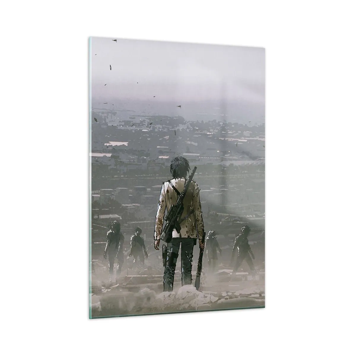 Obraz na szkle - Postać z karabinem w mrocznej scenerii zbliżającej się grupy - 50x70cm - Ostatni sprawiedliwy? - Nowoczesna dekoracja ścienna do salonu, kuchni i sypialni ARTTOR