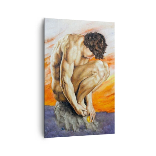 Obraz na płótnie - Mężczyzna w zamyśleniu na tle zachodu słońca - 80x120cm - Zatopiony w sobie - Nowoczesna dekoracja ścienna do salonu i sypialni ARTTOR