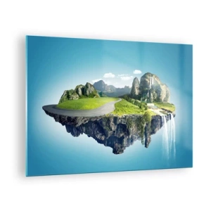 Obraz na szkle - Latająca wyspa z górami, wodospadem i zielenią - 70x50cm - Fantastyczna wyspa - Nowoczesna dekoracja ścienna do salonu i sypialni ARTTOR