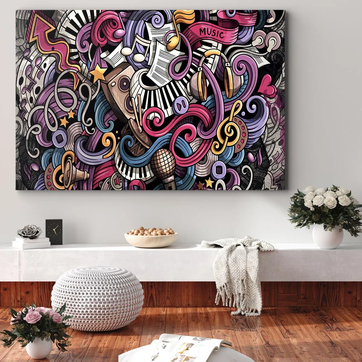 Obraz na płótnie - Muzyczna abstrakcja pełna kolorowych instrumentów i nut - 70x50cm - Skomplikowana melodia - Nowoczesna dekoracja ścienna do salonu i sypialni ARTTOR