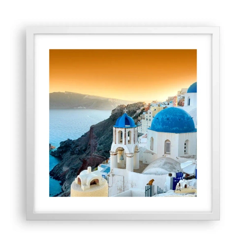 Plakat w białej ramie - Santorini - przytulone do skał - 40x40 cm