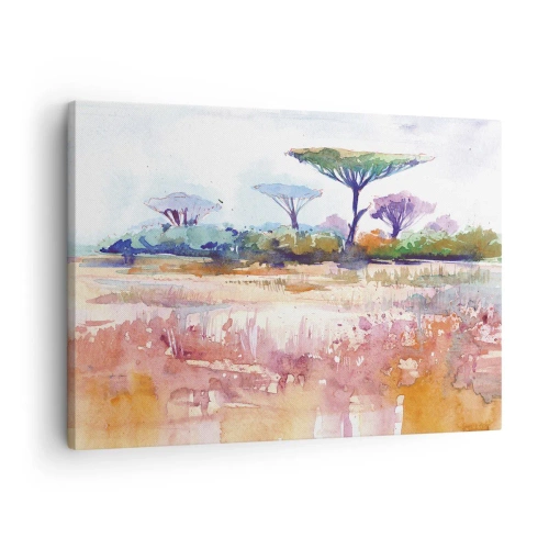 Obraz na płótnie - Malowniczy krajobraz sawanny w akwarelowych barwach - 70x50cm - Kolory sawanny - Nowoczesna dekoracja ścienna do salonu i sypialni ARTTOR