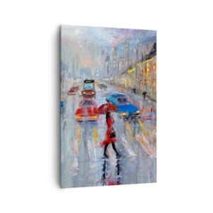 Obraz na płótnie - Kobieta z parasolem na deszczowej ulicy w świetle neonów - 80x120cm - Deszczowe popołudnie w mieście - Nowoczesna dekoracja ścienna do salonu i sypialni ARTTOR