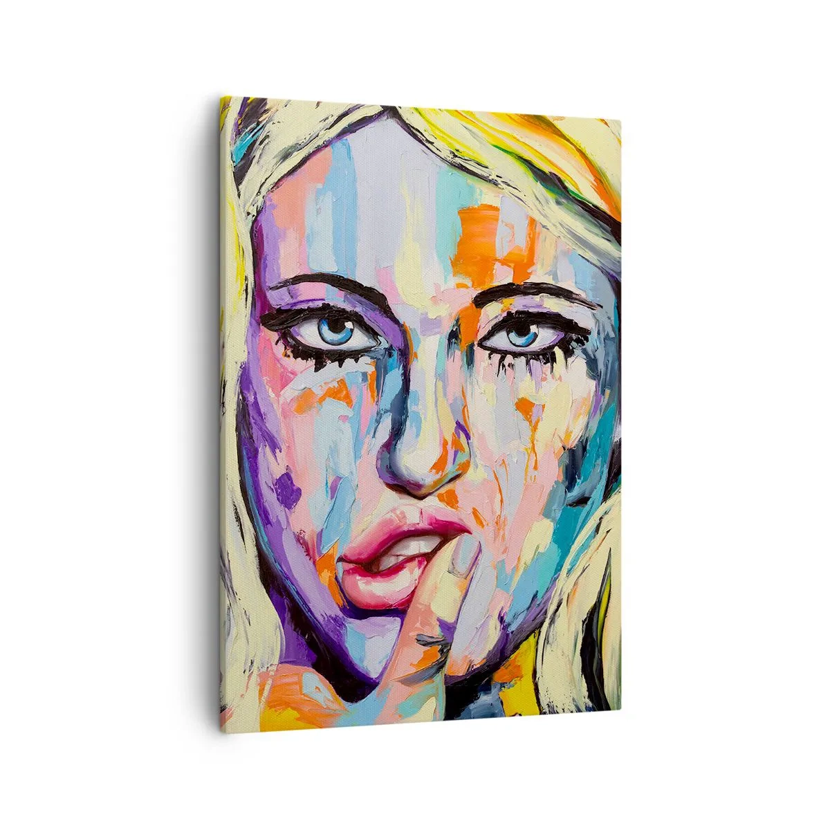 Obraz na płótnie - Ekspresyjny portret kobiety w żywych kolorach - 50x70cm - Spójrz jej prosto w oczy - Nowoczesna dekoracja ścienna do salonu, kuchni i sypialni ARTTOR