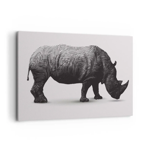 Obraz na płótnie - Graficzna sylwetka nosorożca w czarno-białym wzorze - 120x80cm - Geometryczne piękno natury - Nowoczesna dekoracja ścienna do salonu, kuchni i sypialni ARTTOR