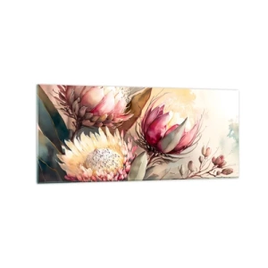 Obraz na szkle - Kwiaty protei w delikatnych pastelowych odcieniach - 120x50cm - Z profilu i en face - Nowoczesna dekoracja ścienna do salonu i sypialni ARTTOR