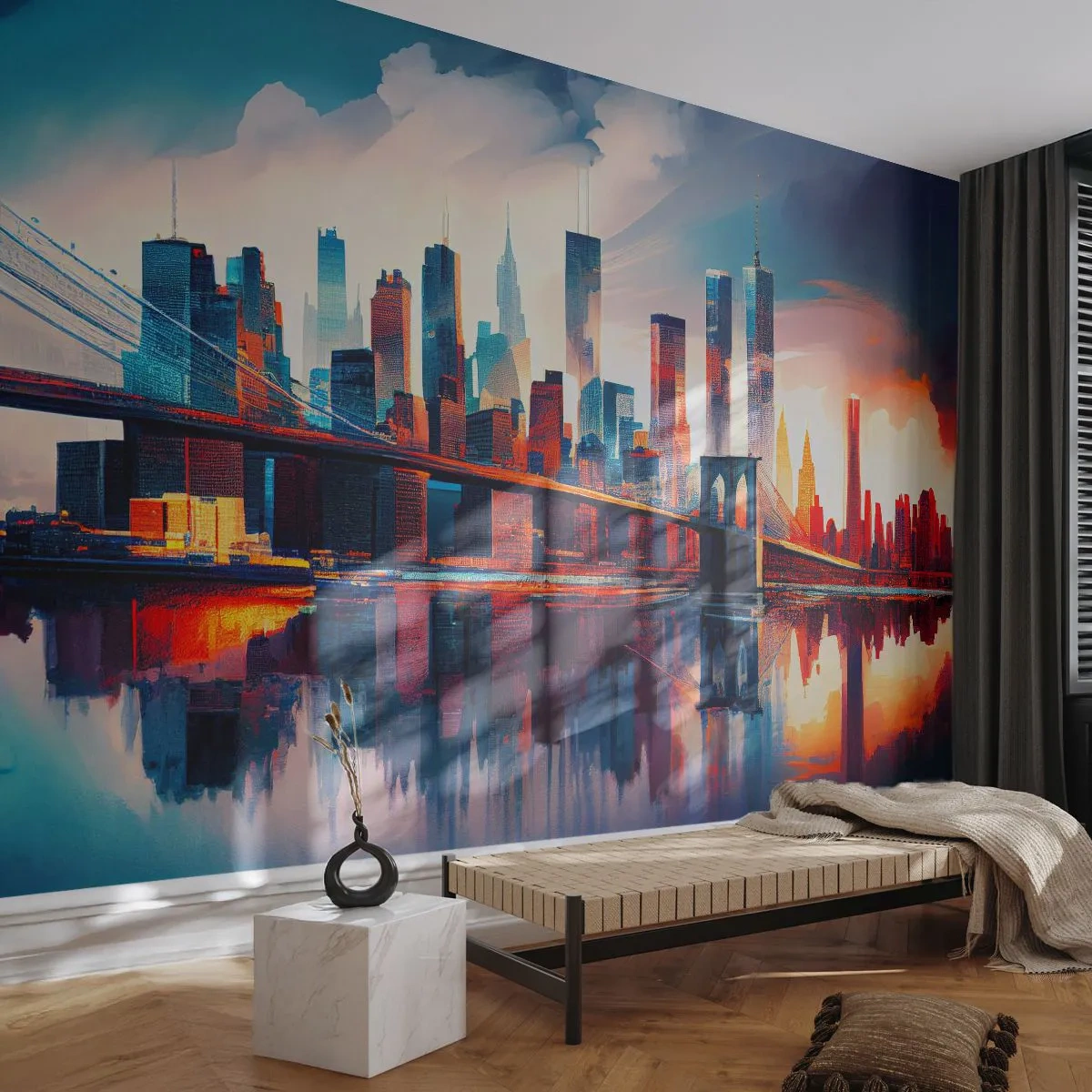 Fototapeta Premium Sand - Panorama Nowego Jorku z mostem i odbiciem w wodzie o zachodzie - 100x70cm - Zjawiskowy Nowy Jork - Nowoczesna dekoracja ścienna do salonu, kuchni i sypialni ARTTOR