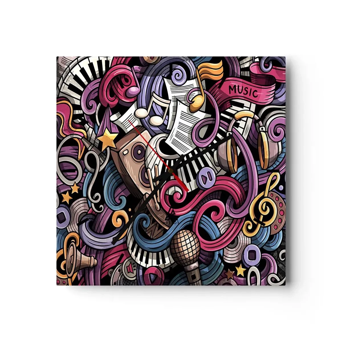 Zegar ścienny - Muzyczna abstrakcja pełna kolorowych instrumentów i nut - 30x30cm - Skomplikowana melodia - Nowoczesna dekoracja ścienna do salonu i sypialni ARTTOR