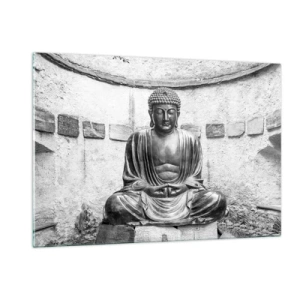 Obraz na szkle - Czarno-biała statua Buddy w medytacyjnej pozie - 120x80cm - U źródeł spokoju - Nowoczesna dekoracja ścienna do salonu, kuchni i sypialni ARTTOR