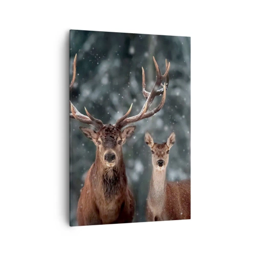 Obraz na płótnie - Jelenie w zimowym lesie pokrytym śniegiem - 70x100cm - Pan lasu z małżonką - Nowoczesna dekoracja ścienna do salonu i sypialni ARTTOR
