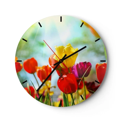 Zegar ścienny - Kolorowe tulipany oświetlone promieniami słońca - 30x30cm - Wszystkie barwy słońca - Nowoczesna dekoracja ścienna do salonu, kuchni i sypialni ARTTOR