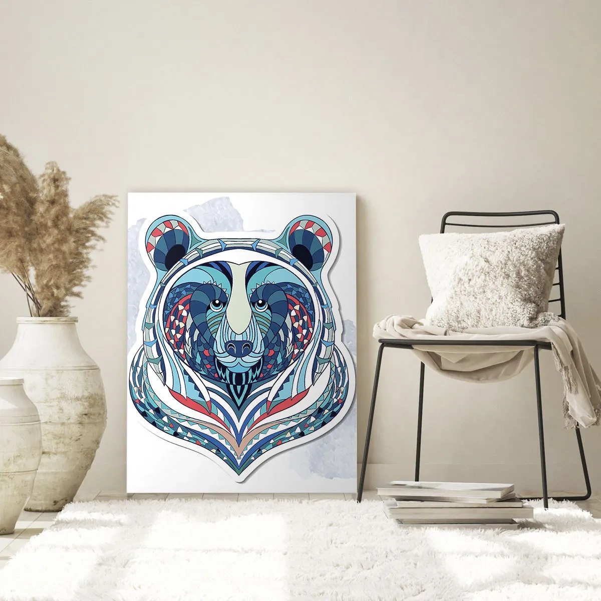 Obraz na szkle - Geometryczny niedźwiedź w odcieniach niebieskiego i czerwonego - 80x120cm - Eviva Grenlandia! - Nowoczesna dekoracja ścienna do salonu i sypialni ARTTOR