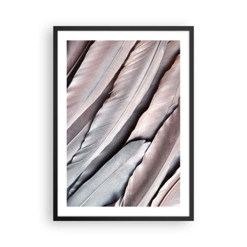 Plakat w czarnej ramie - Zbliżenie na delikatne, pastelowe pióra - 50x70cm - W różowej srebrzystości - Nowoczesna dekoracja ścienna do salonu i sypialni ARTTOR