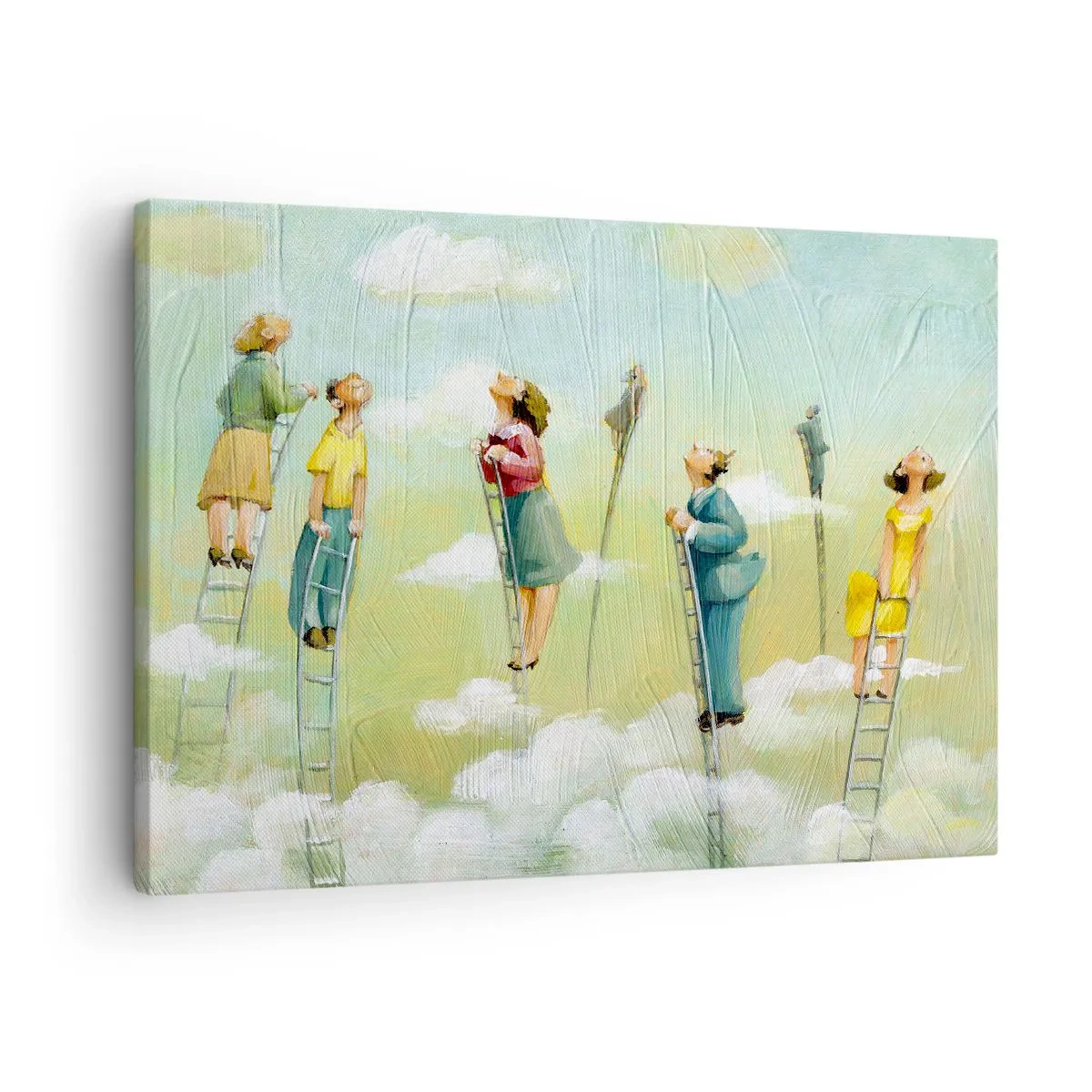 Obraz na płótnie - Postacie wspinające się po drabinach wśród chmur na pastelowym tle - 70x50cm - Za swoim marzeniem - Nowoczesna dekoracja ścienna do salonu i sypialni ARTTOR