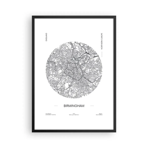Plakat w czarnej ramie - Minimalistyczna mapa Birmingham w czarno-białym stylu - 50x70cm - Anatomia Birmingham - Nowoczesna dekoracja ścienna do salonu i sypialni ARTTOR