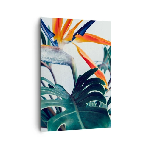 Obraz na płótnie - Kwiat strelicji w otoczeniu liści w jasnym świetle - 70x100cm - Ptakokrzak - Nowoczesna dekoracja ścienna do salonu i sypialni ARTTOR