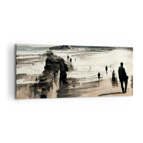 Obraz na płótnie - Spacerowicze na plaży w spokojnym pejzażu - 120x50cm - Przywołani - Nowoczesna dekoracja ścienna do salonu i sypialni ARTTOR
