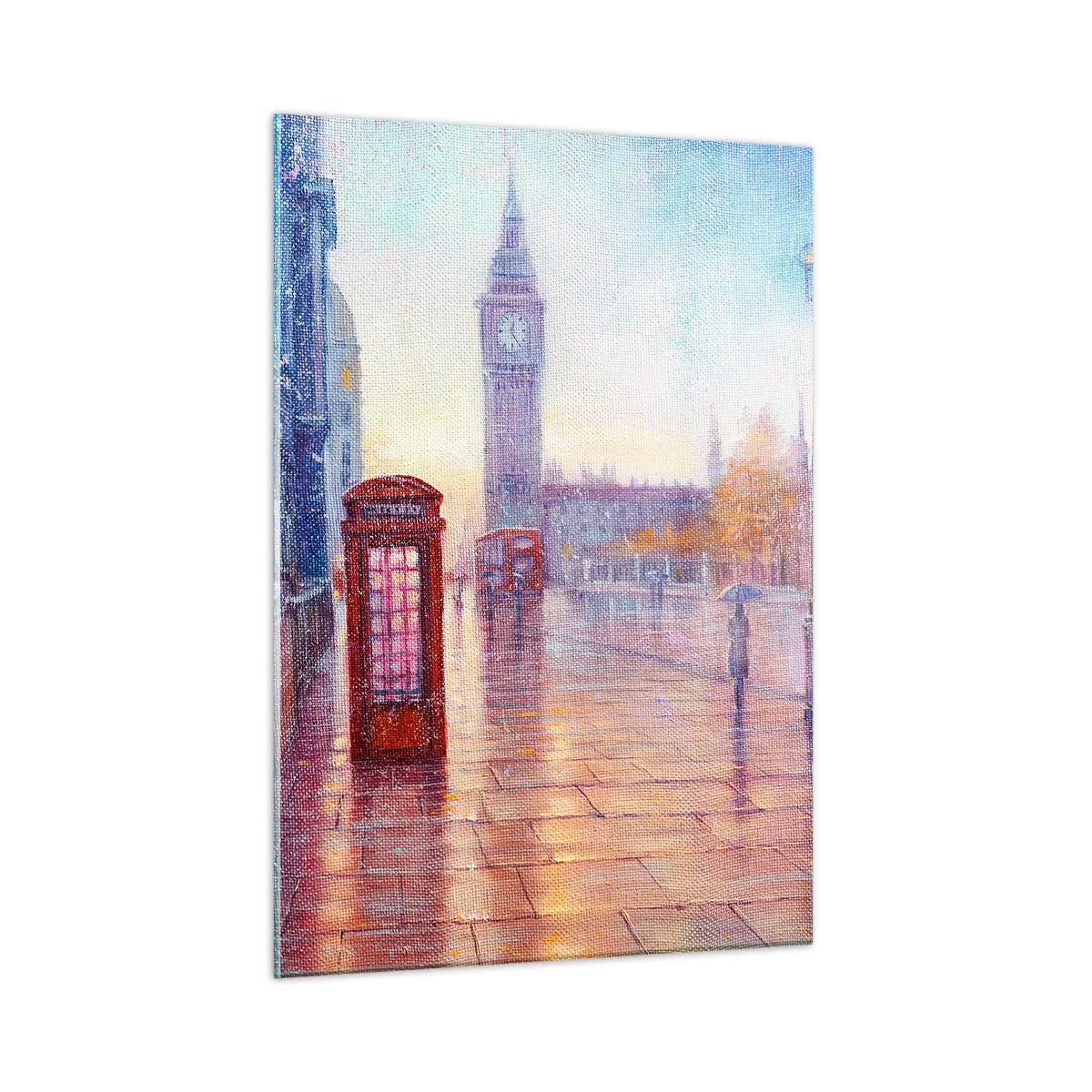 Obraz na szkle - Londynska scena w deszczu z Big Benem i czerwoną budką - 50x70cm - Londyński jesienny dzień - Nowoczesna dekoracja ścienna do salonu, kuchni i sypialni ARTTOR