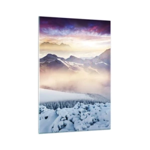 Obraz na szkle - Zaśnieżone góry o świcie z kolorowym niebem - 70x100cm - Siła i czystość natury - Nowoczesna dekoracja ścienna do salonu i sypialni ARTTOR