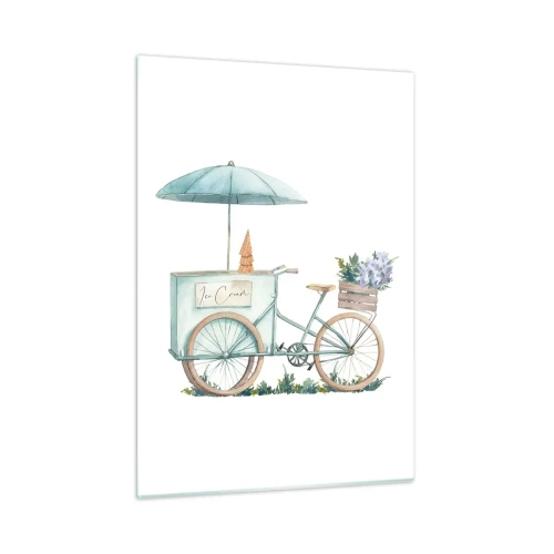 Obraz na szkle - Rower z lodami i kwiatami w pastelowych kolorach - 50x70cm - Słodkie wspomnienie lata - Nowoczesna dekoracja ścienna do salonu, kuchni i sypialni ARTTOR