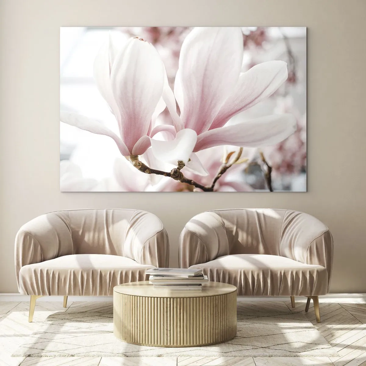 Obraz na szkle - Delikatne różowe magnolie w zbliżeniu na rozmytym tle - 70x50cm - Bezmiar czułości - Nowoczesna dekoracja ścienna do salonu i sypialni ARTTOR
