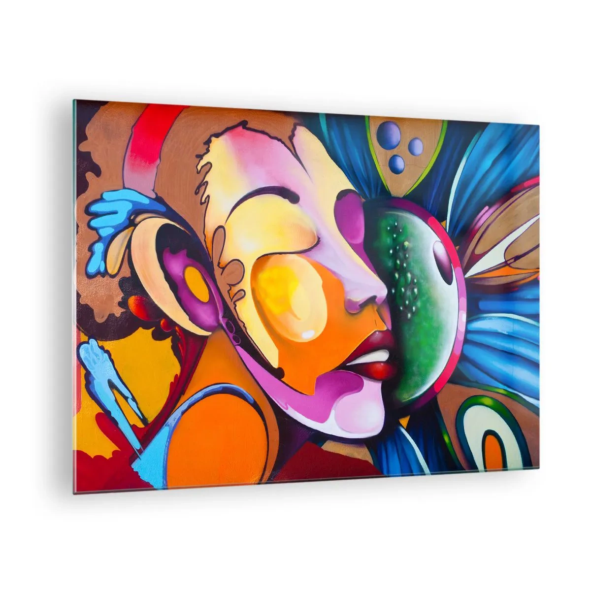 Obraz na szkle - Kolorowa abstrakcja twarzy w stylu street art - 70x50cm - Dotknąć kolorem - Nowoczesna dekoracja ścienna do salonu i sypialni ARTTOR
