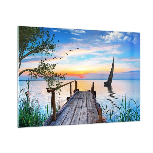 Obraz na szkle - Pomost nad jeziorem o zachodzie słońca z żaglówką w tle - 100x70cm - Dobry wieczór - Nowoczesna dekoracja ścienna do salonu, kuchni i sypialni ARTTOR