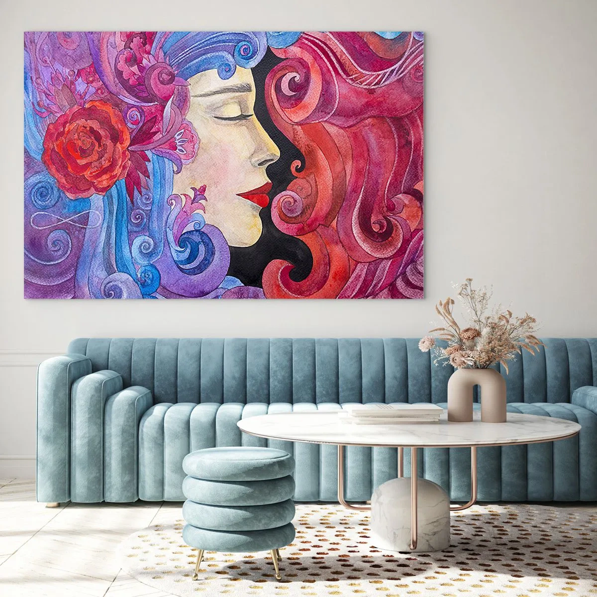 Obraz na szkle - Kolorowy portret kobiety w stylu secesji z bogatymi ornamentami - 70x50cm - Secesja wciąż żywa - Nowoczesna dekoracja ścienna do salonu i sypialni ARTTOR