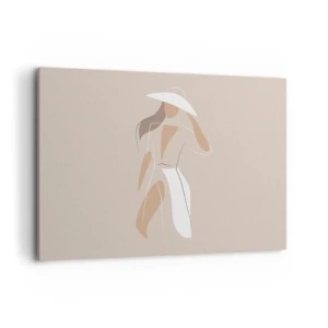 Obraz na płótnie - Minimalistyczny rysunek kobiety w kapeluszu na beżowym tle - 120x80cm - Moda to zabawa - Nowoczesna dekoracja ścienna do salonu, kuchni i sypialni ARTTOR